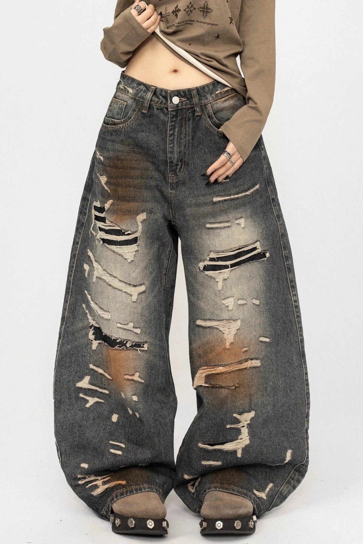 Retro Ripped Wide-Leg Jeans