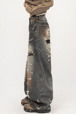 Retro Ripped Wide-Leg Jeans