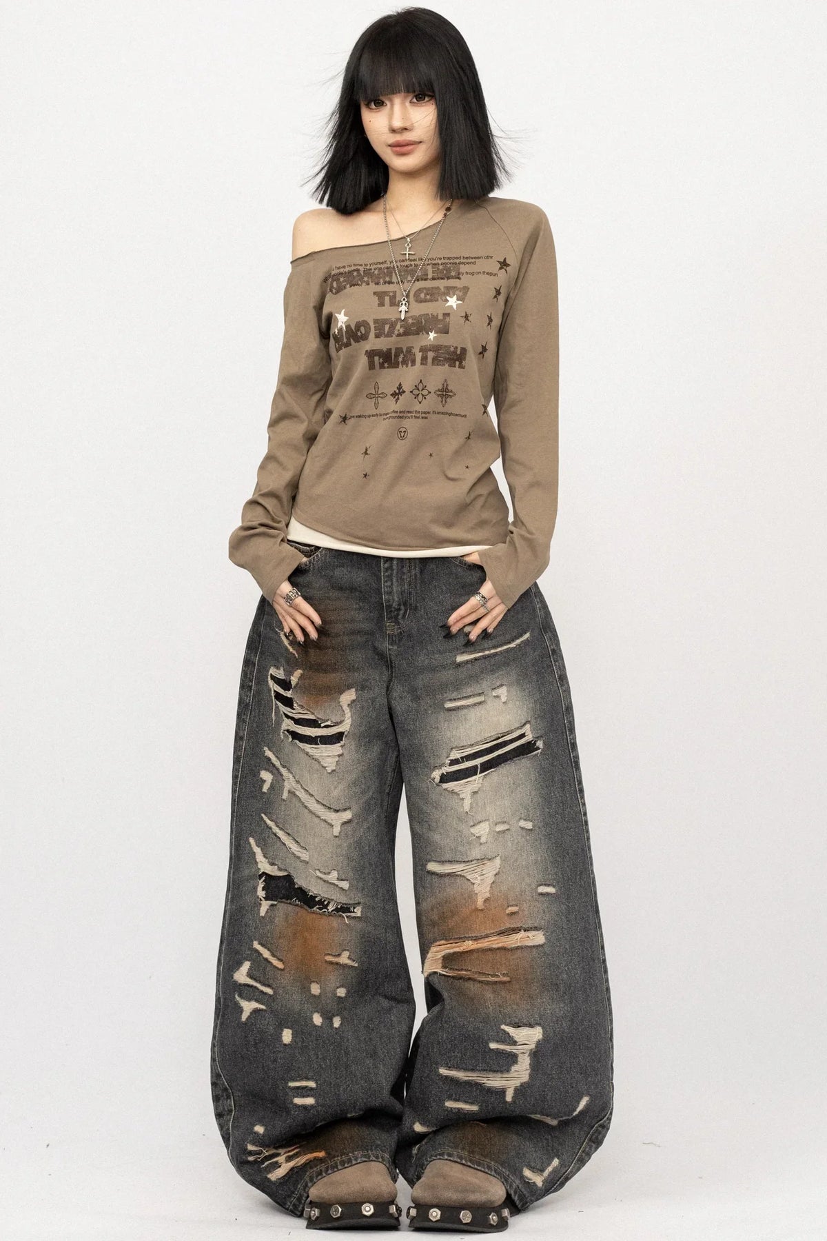 Retro Ripped Wide-Leg Jeans