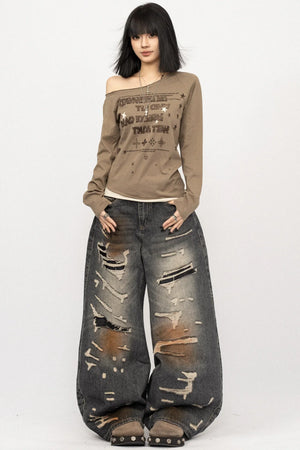 Retro Ripped Wide-Leg Jeans