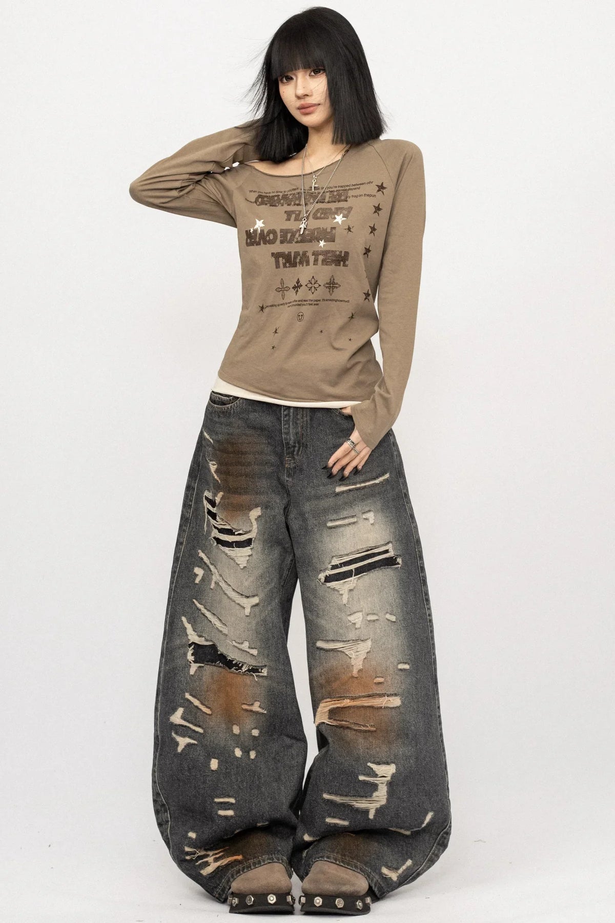Retro Ripped Wide-Leg Jeans