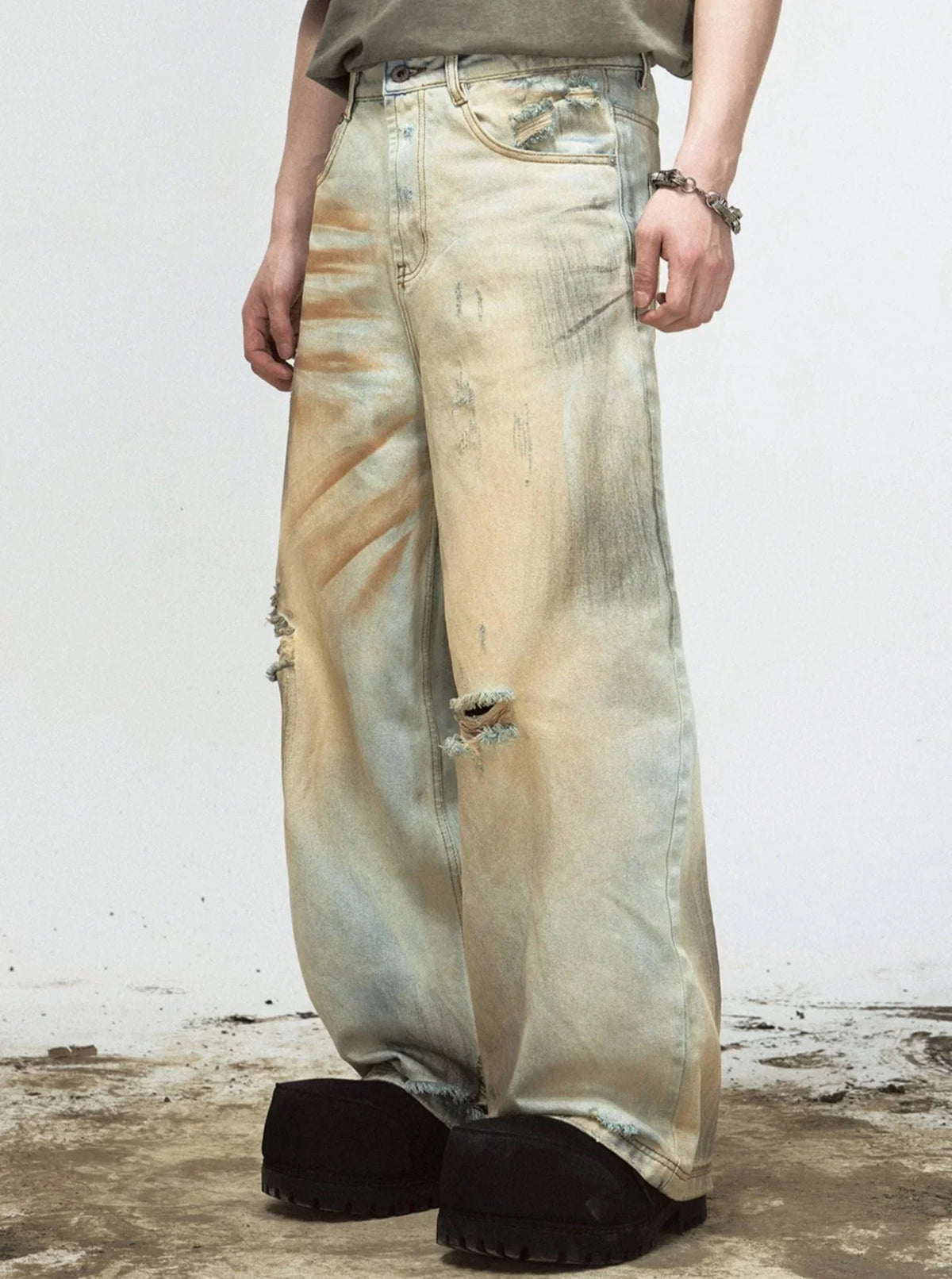 Retro Ripped Yellow Denim Pants