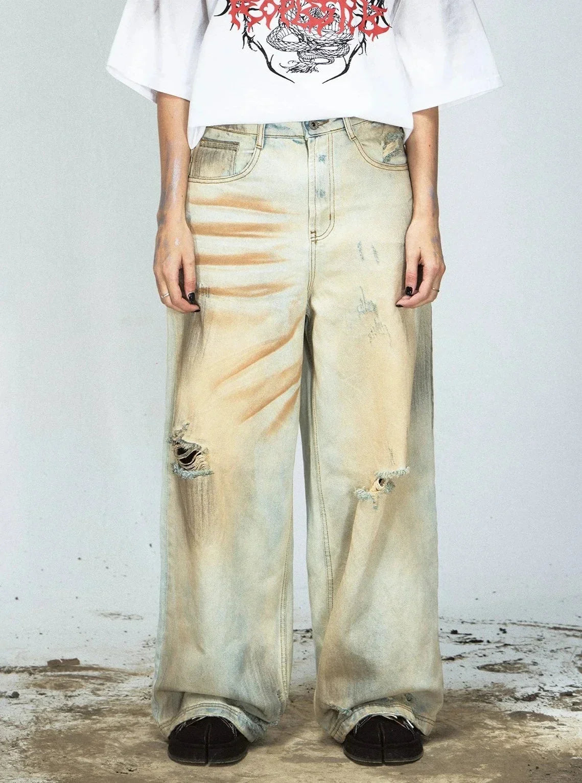 Retro Ripped Yellow Denim Pants