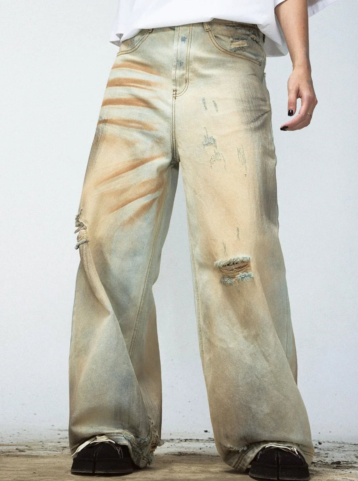 Retro Ripped Yellow Denim Pants