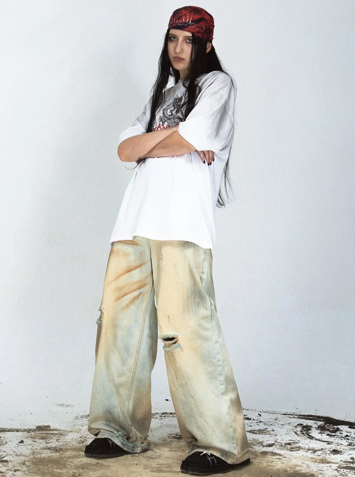 Retro Ripped Yellow Denim Pants