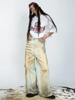 Retro Ripped Yellow Denim Pants