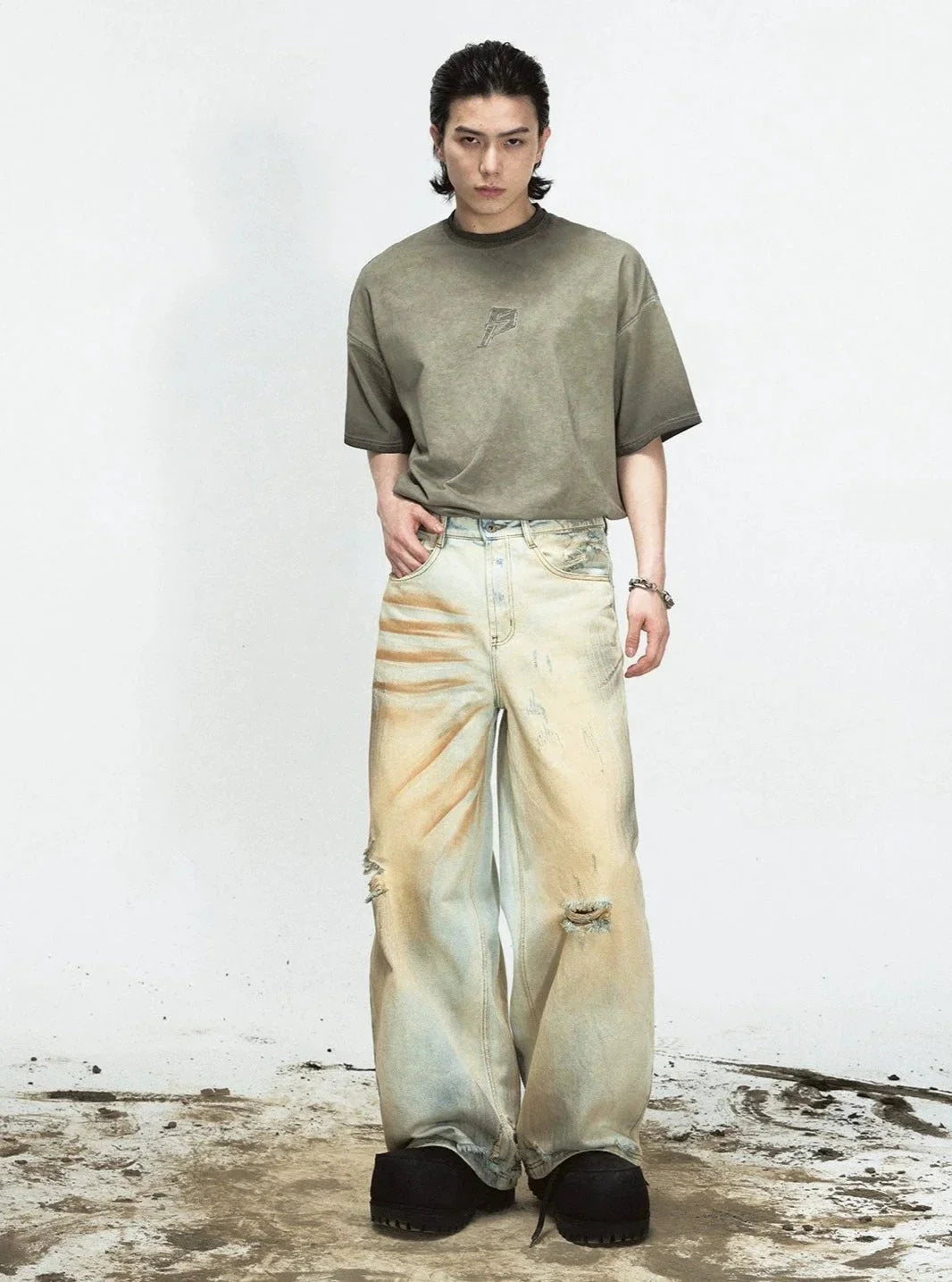 Retro Ripped Yellow Denim Pants