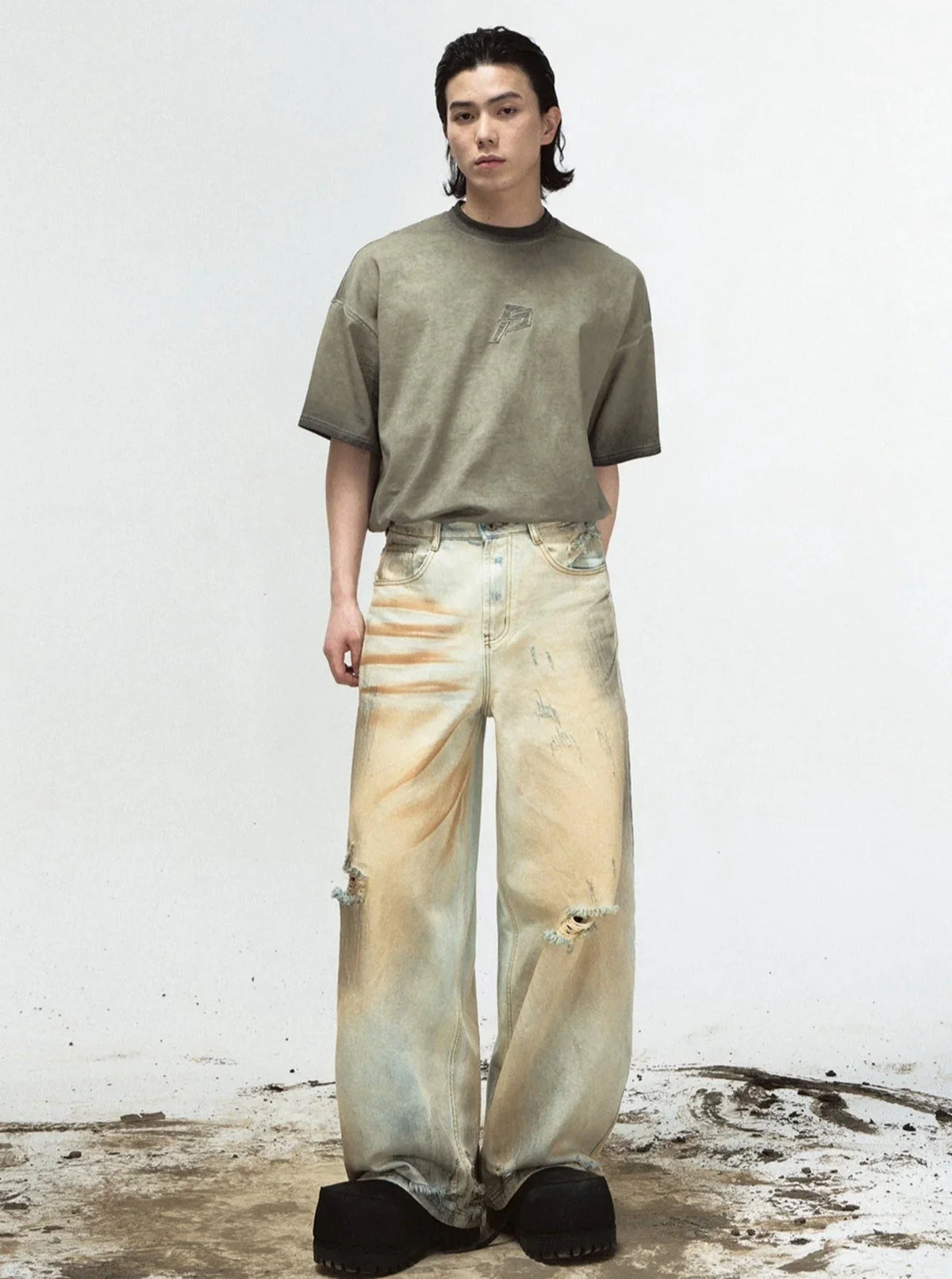 Retro Ripped Yellow Denim Pants