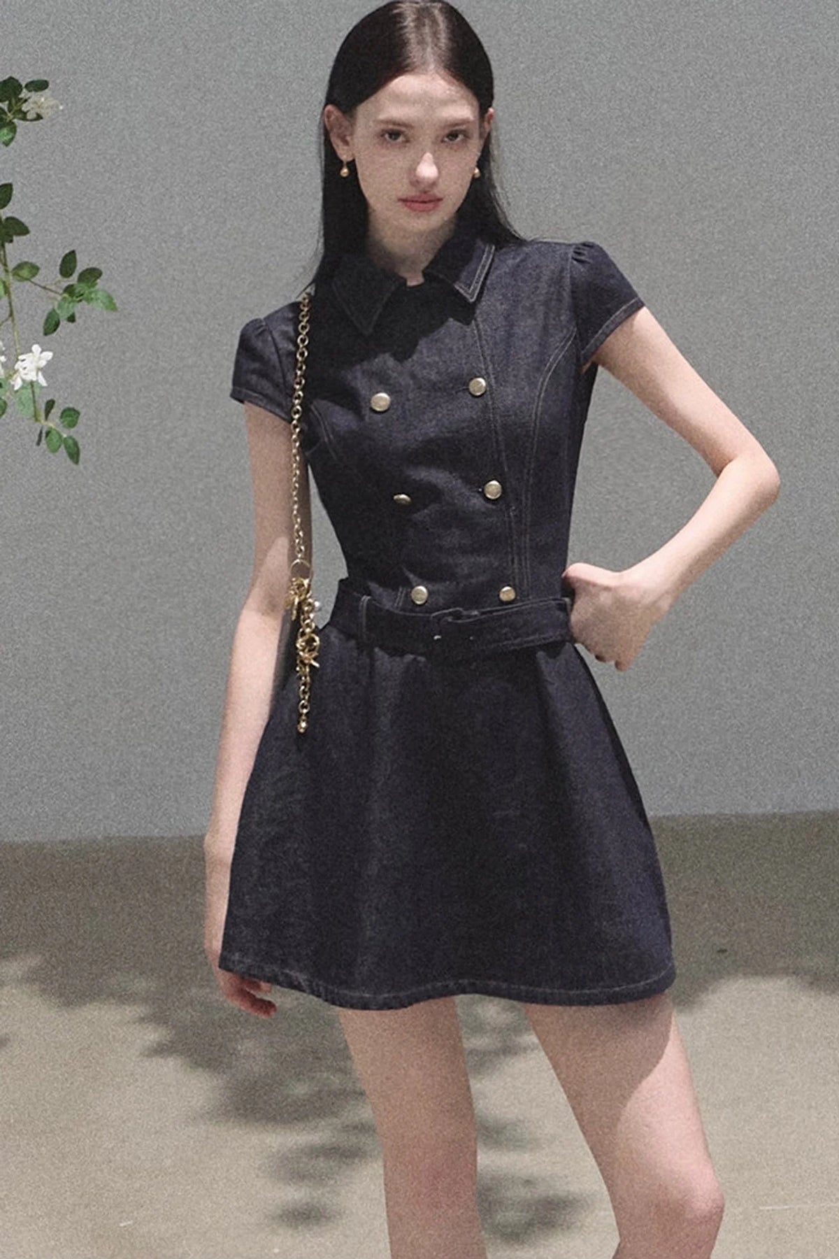 Retro Short Sleeve Denim Dress Set-Up