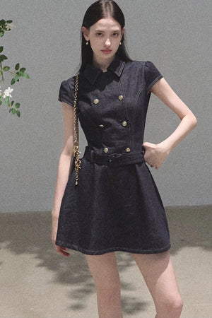 Retro Short Sleeve Denim Dress Set-Up