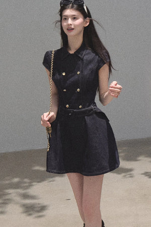 Retro Short Sleeve Denim Dress Set-Up