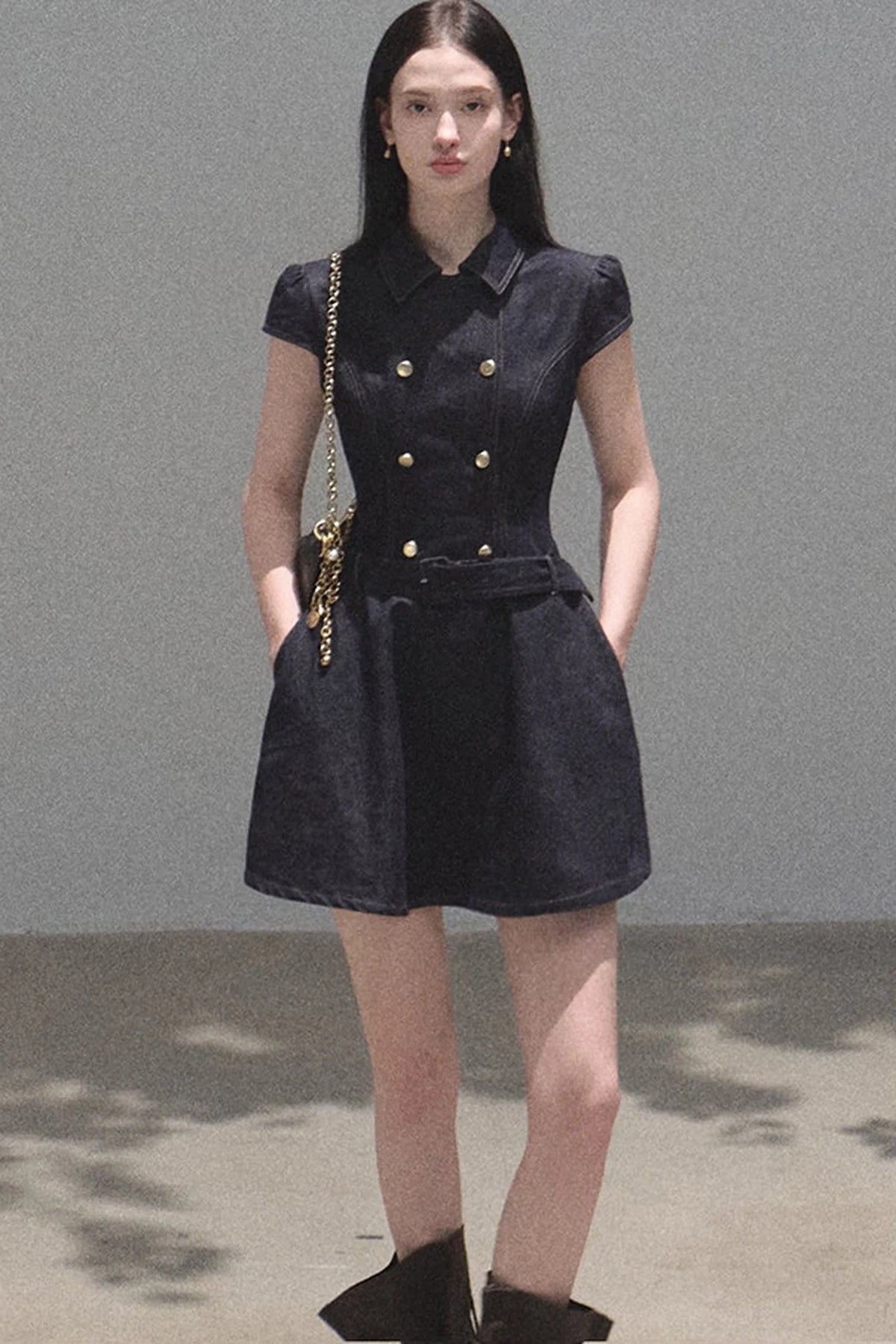 Retro Short Sleeve Denim Dress Set-Up
