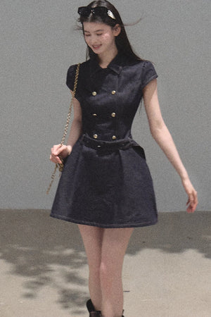 Retro Short Sleeve Denim Dress Set-Up