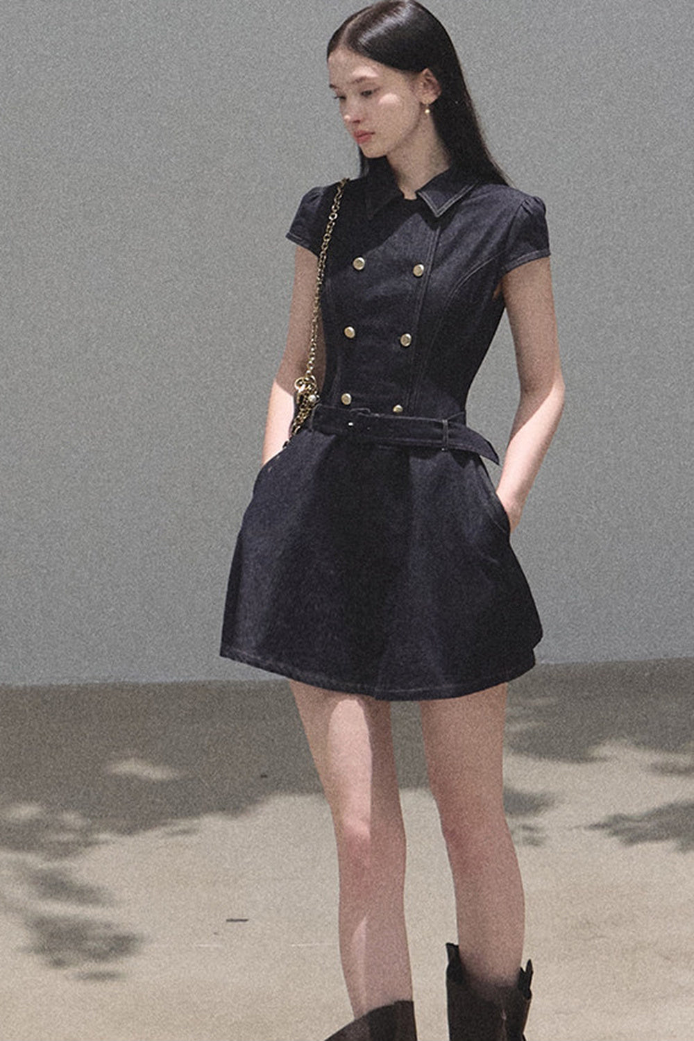 Retro Short Sleeve Denim Dress Set-Up