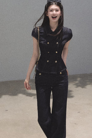Retro Short Sleeve Denim Dress Set-Up