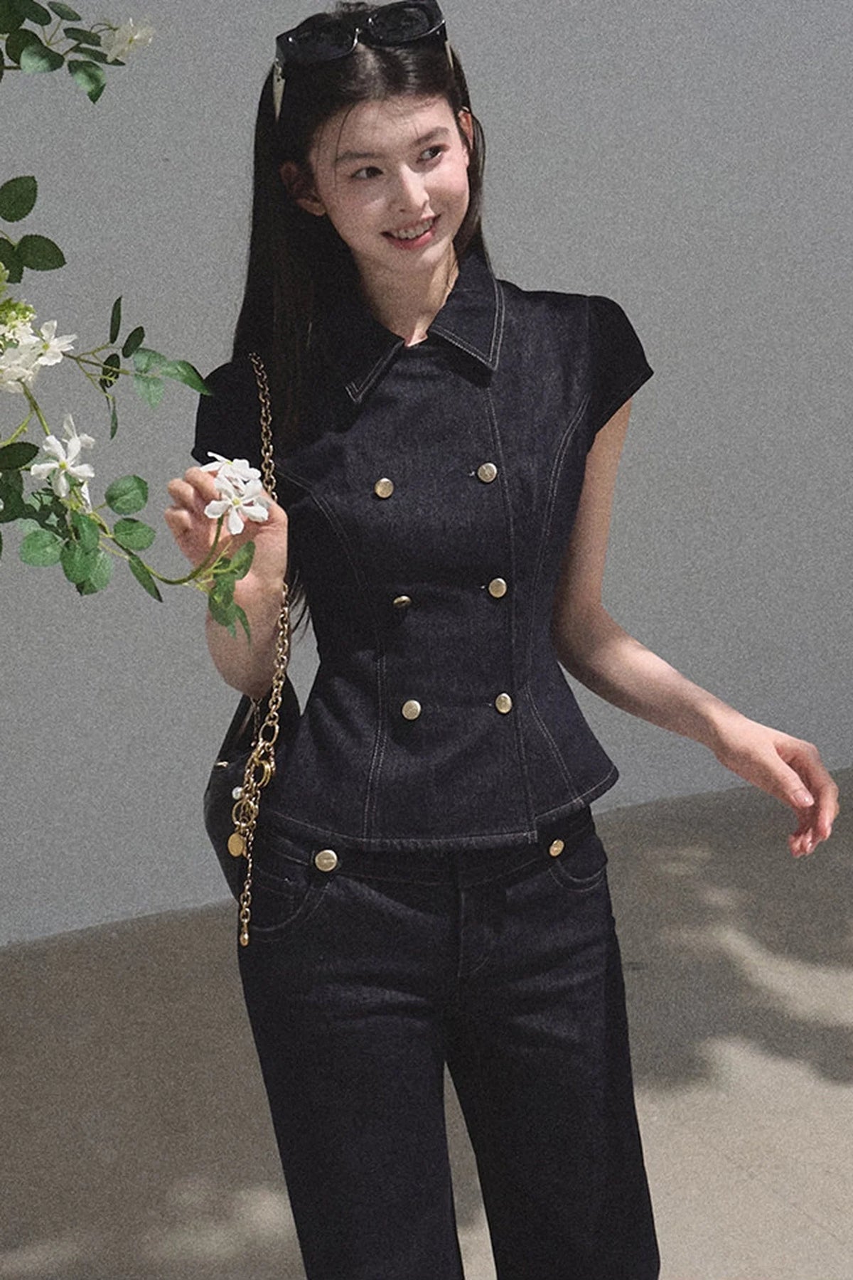 Retro Short Sleeve Denim Dress Set-Up