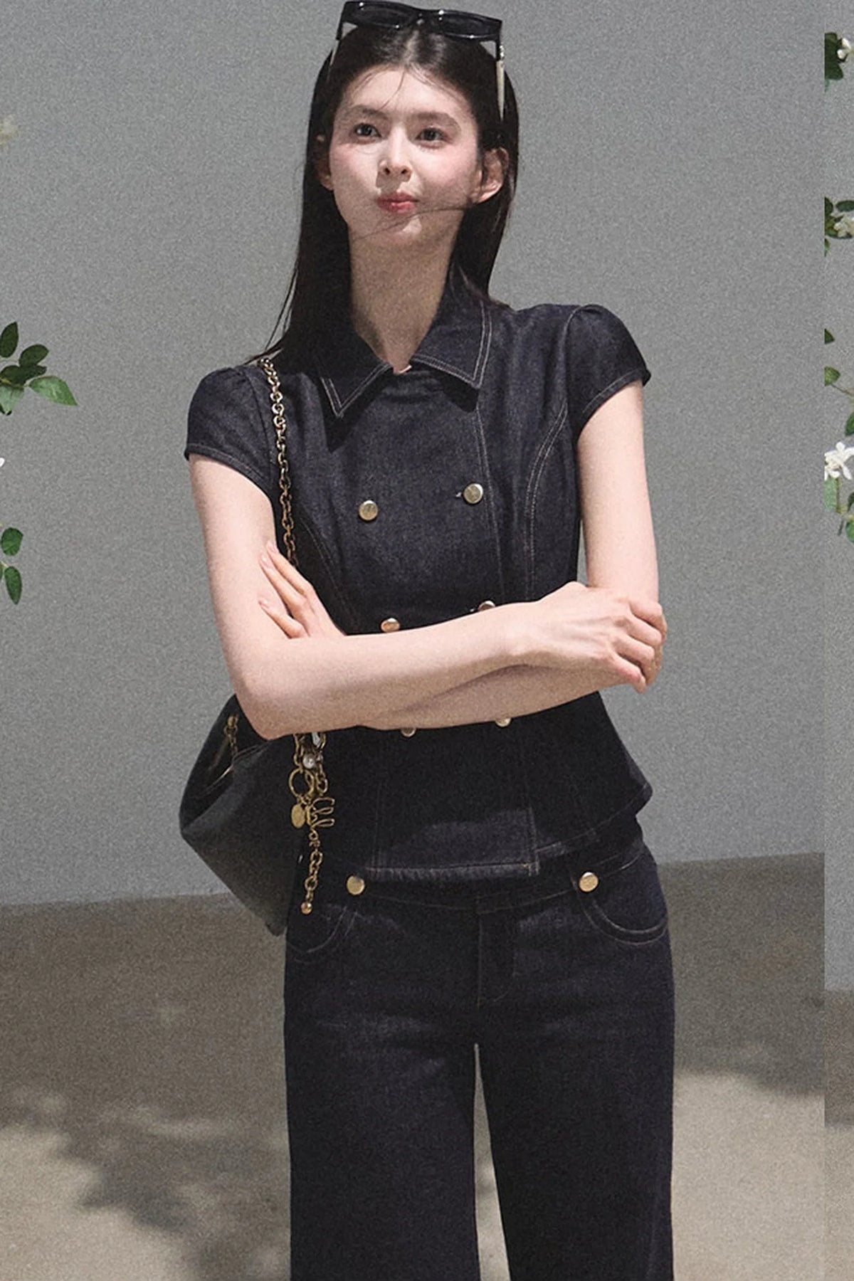 Retro Short Sleeve Denim Dress Set-Up