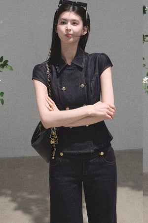 Retro Short Sleeve Denim Dress Set-Up