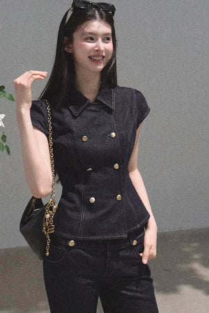 Retro Short Sleeve Denim Dress Set-Up