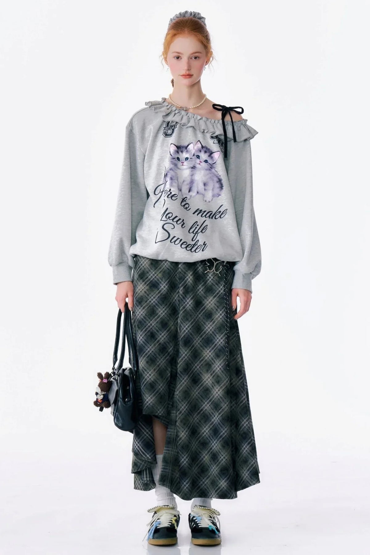 Retro Slanted Shoulder Cat Print Sweatshirt