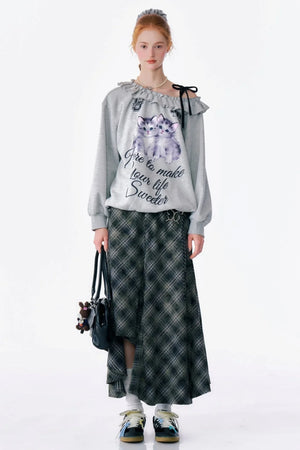 Retro Slanted Shoulder Cat Print Sweatshirt
