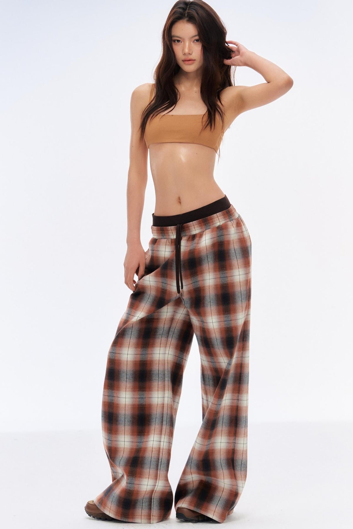 Retro Slim Wide-Leg Plaid Pants