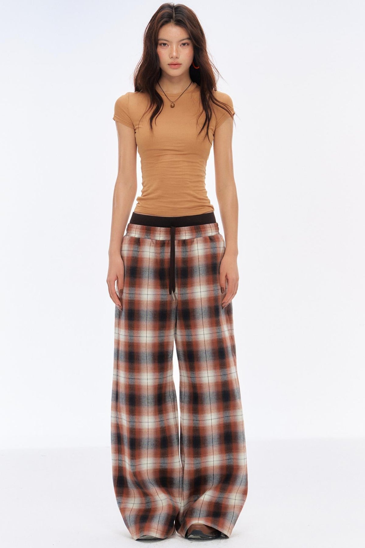 Retro Slim Wide-Leg Plaid Pants