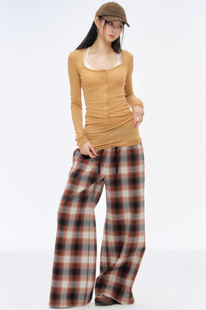Retro Slim Wide-Leg Plaid Pants