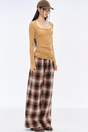 Retro Slim Wide-Leg Plaid Pants