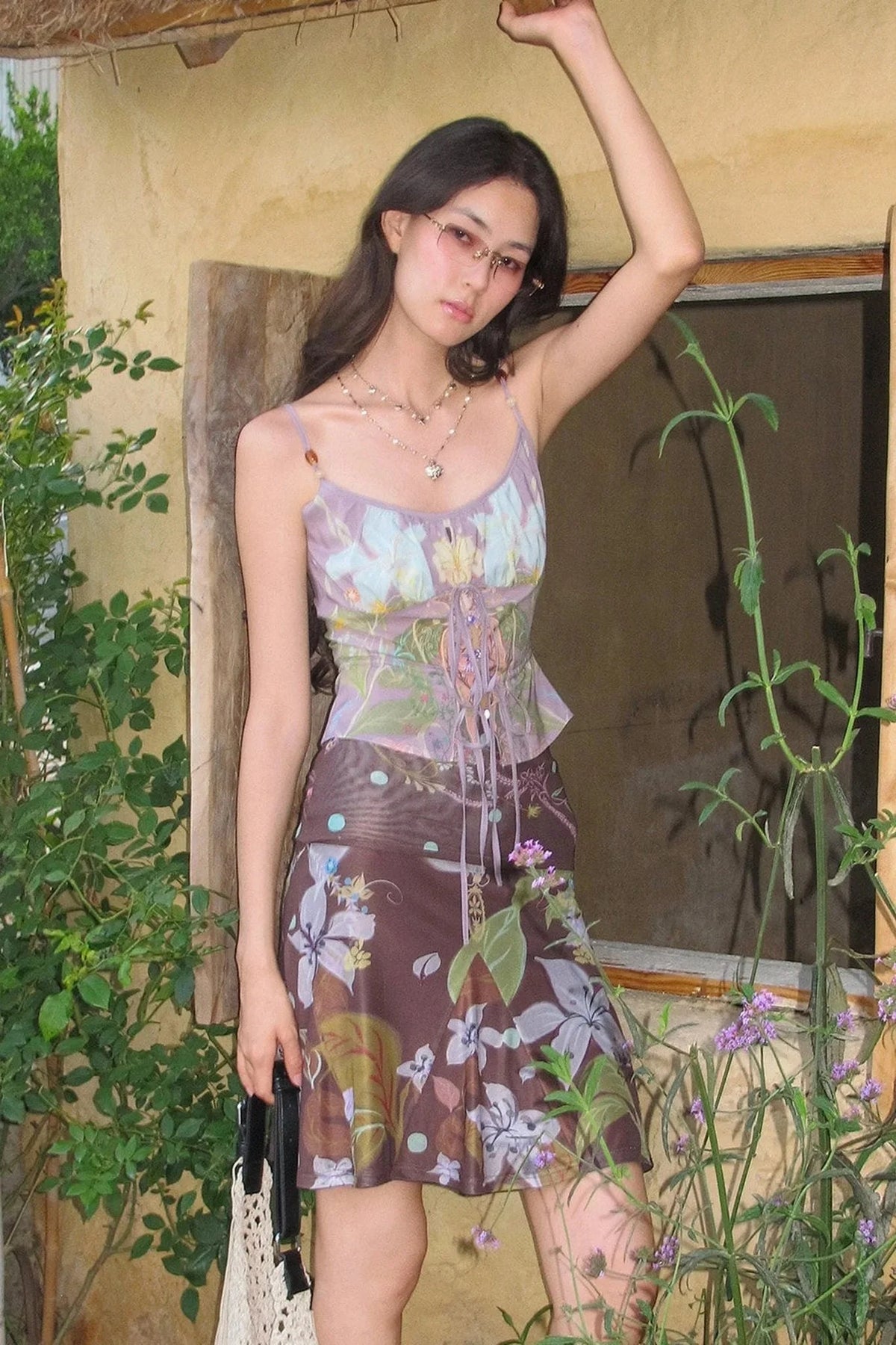 Retro Smudged Floral Chiffon Strap Mesh Skirt Set-Up