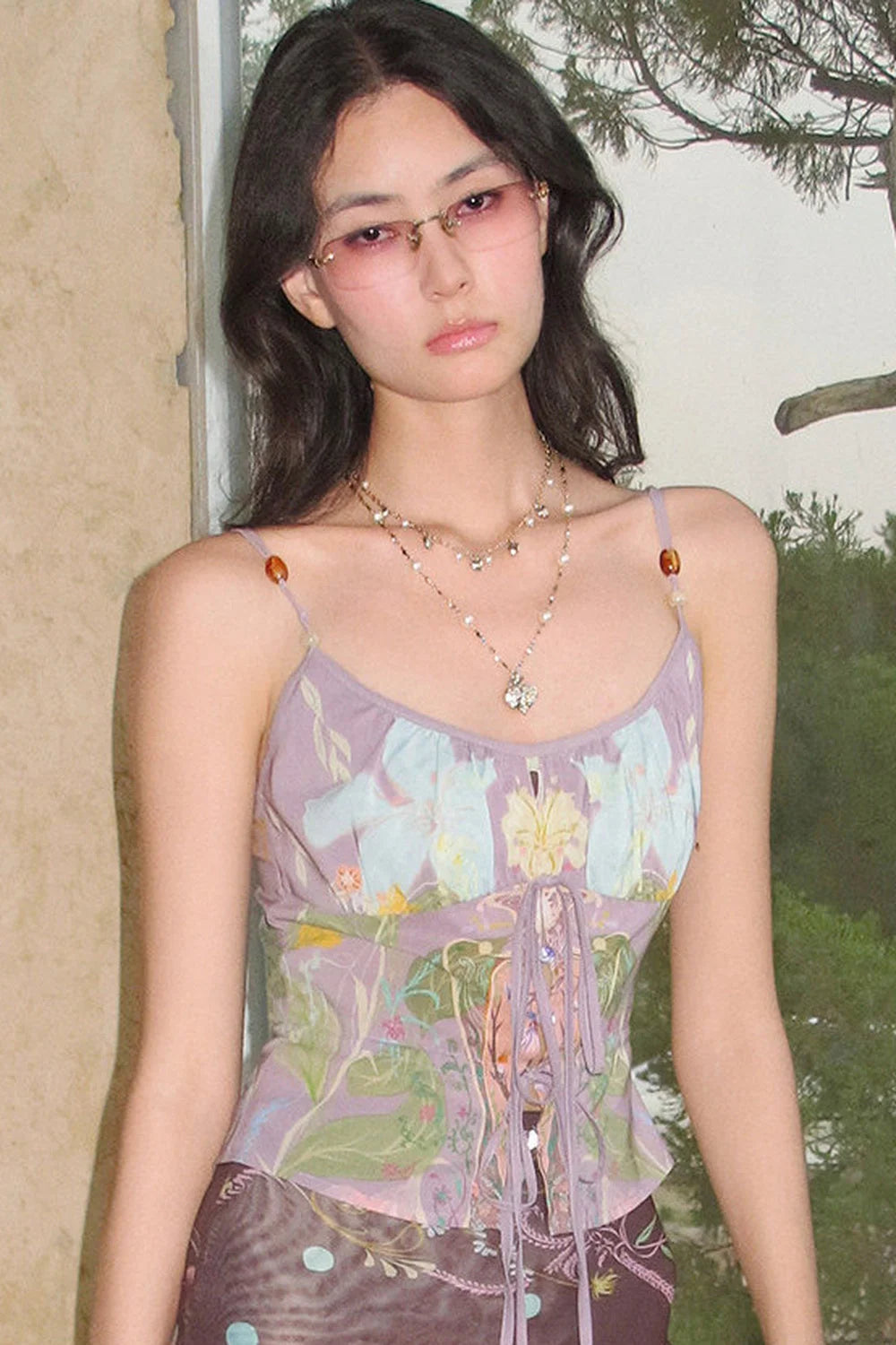 Retro Smudged Floral Chiffon Strap Mesh Skirt Set-Up