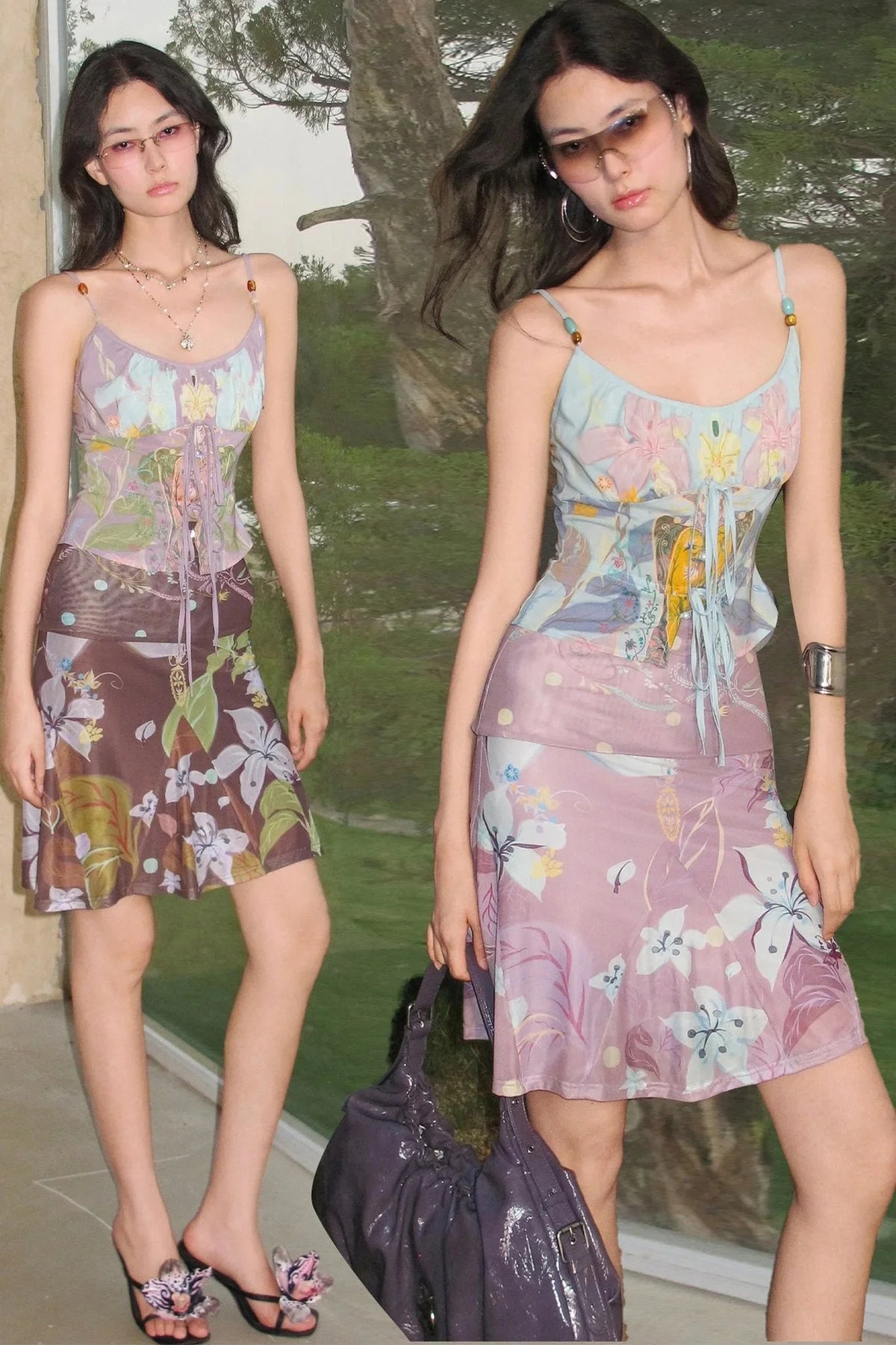 Retro Smudged Floral Chiffon Strap Mesh Skirt Set-Up
