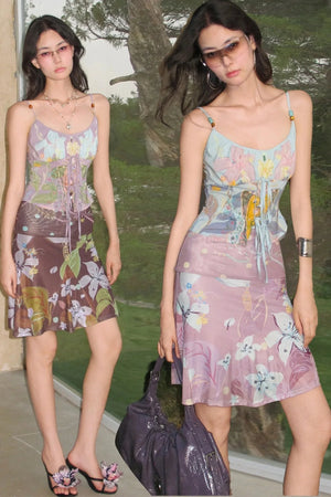 Retro Smudged Floral Chiffon Strap Mesh Skirt Set-Up