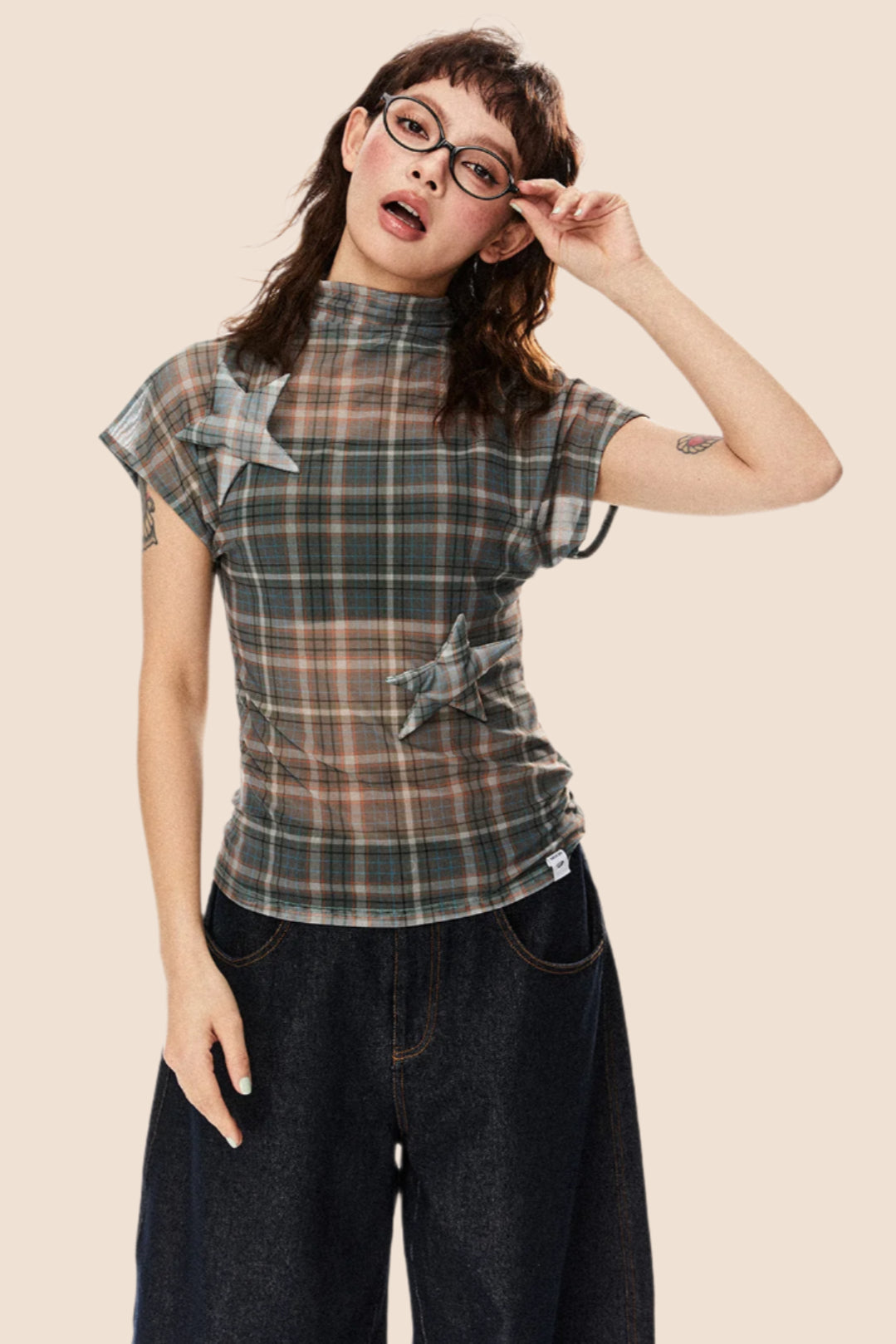 Retro Star Patch Plaid Mesh Top