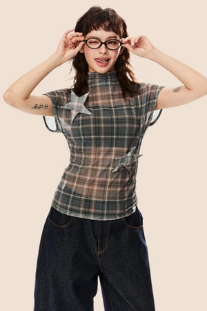 Retro Star Patch Plaid Mesh Top
