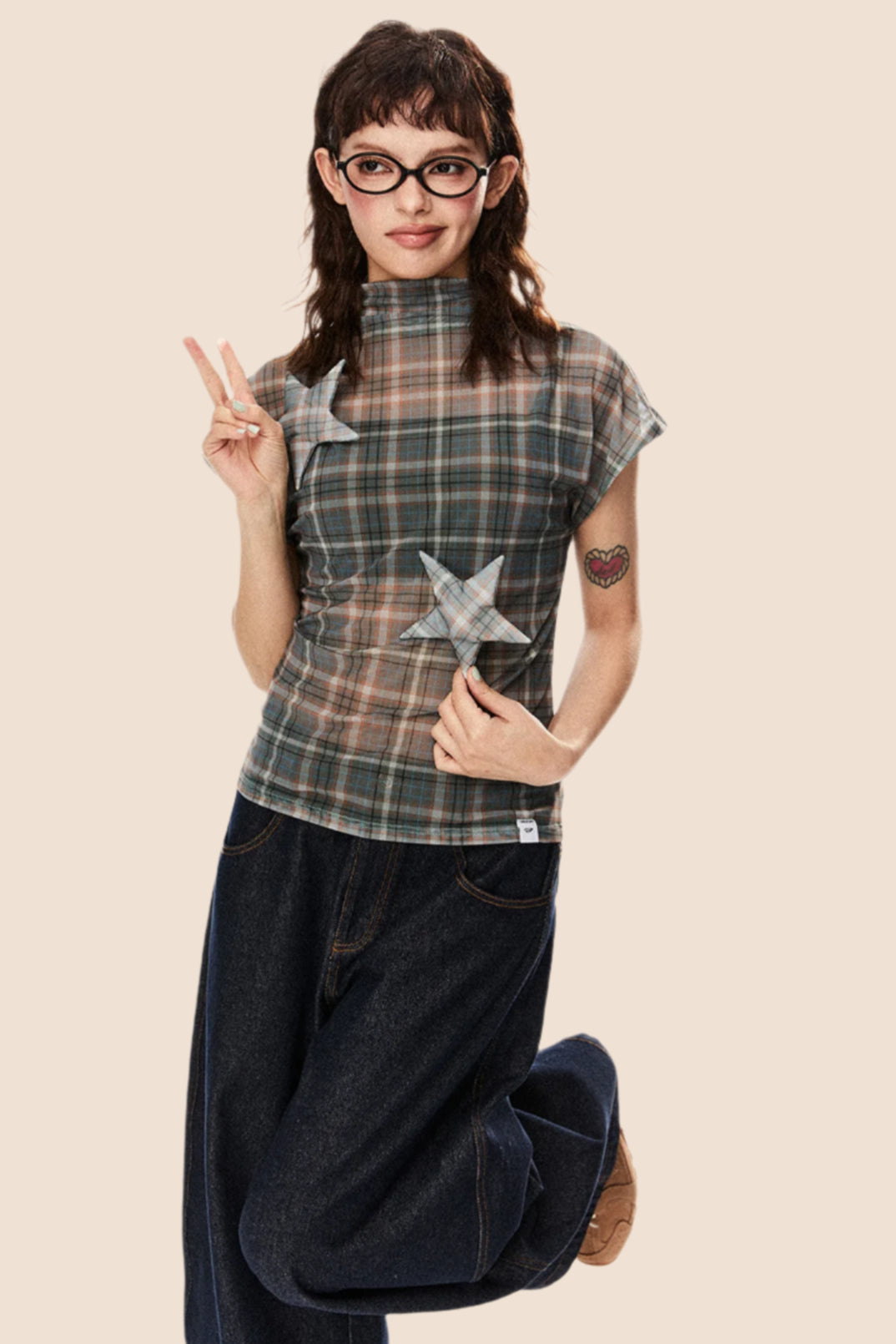 Retro Star Patch Plaid Mesh Top