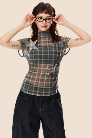 Retro Star Patch Plaid Mesh Top