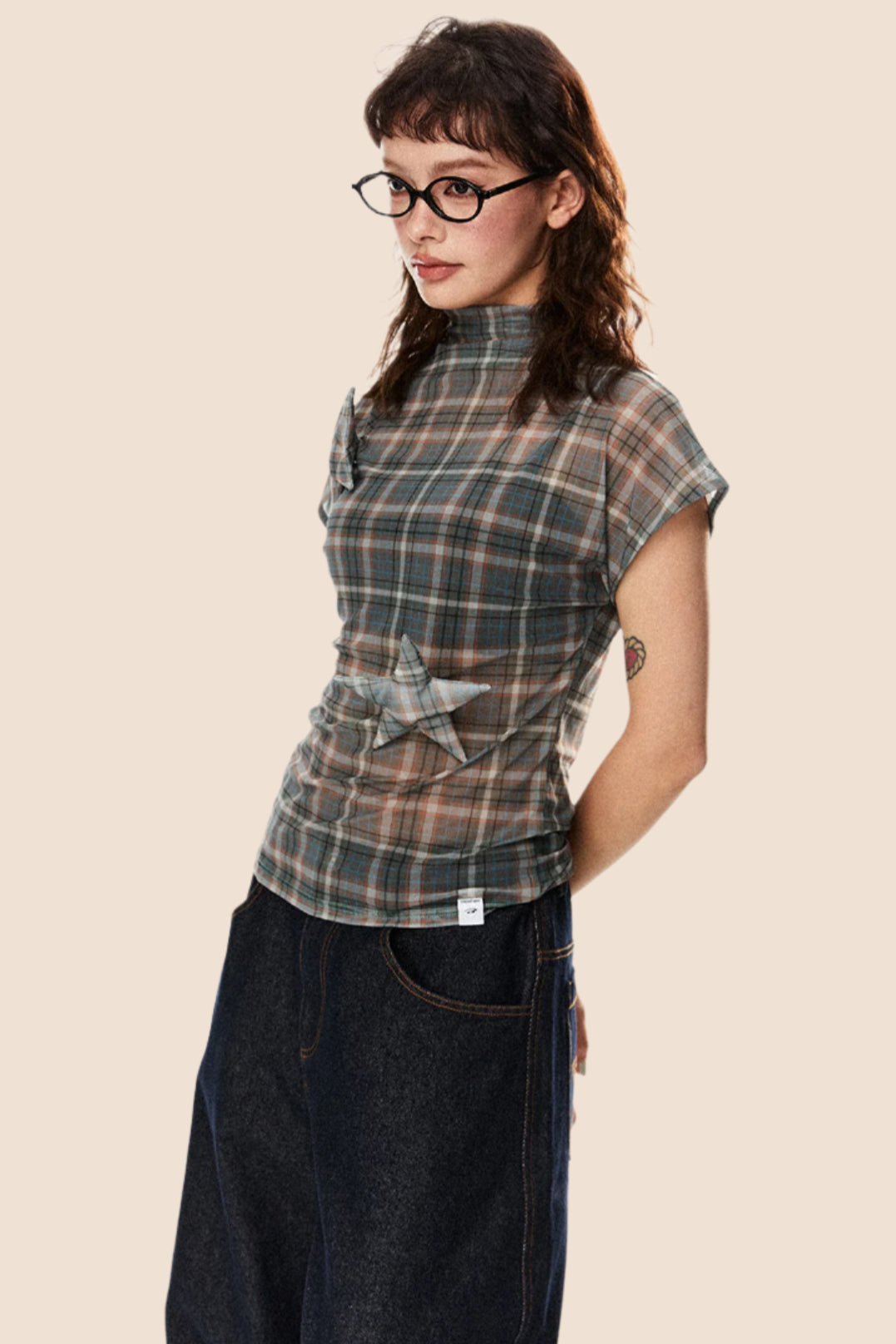 Retro Star Patch Plaid Mesh Top