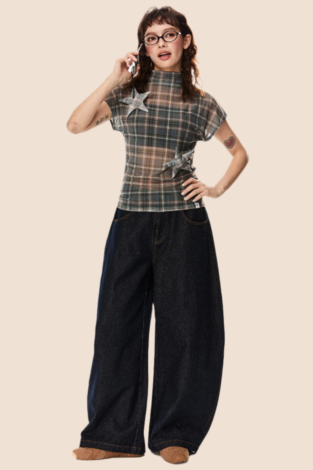 Retro Star Patch Plaid Mesh Top