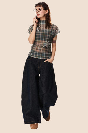 Retro Star Patch Plaid Mesh Top