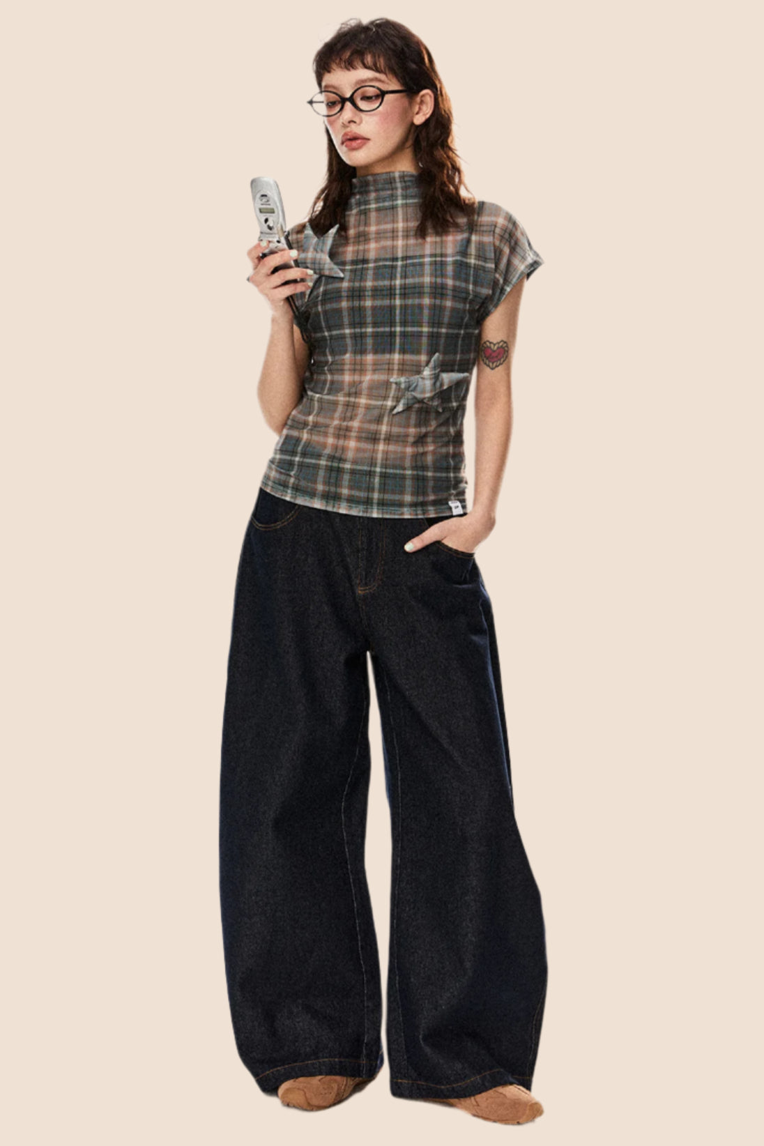 Retro Star Patch Plaid Mesh Top