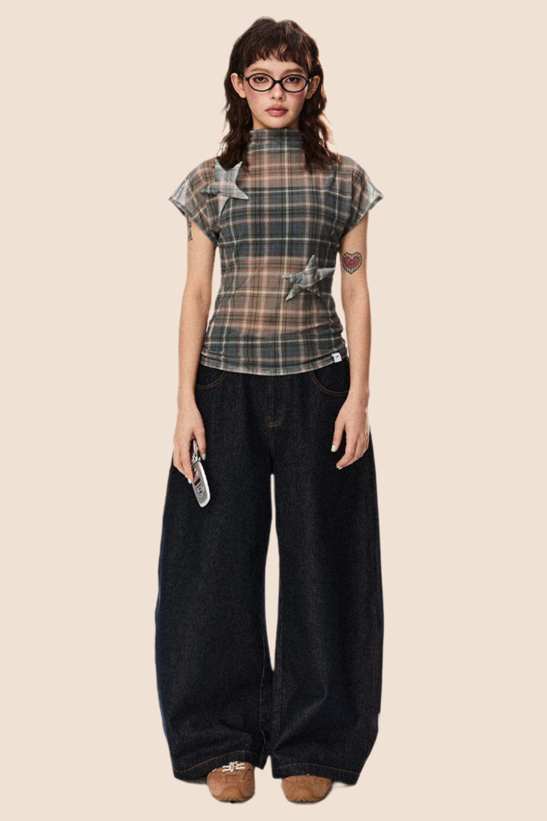 Retro Star Patch Plaid Mesh Top