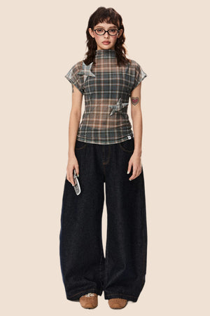 Retro Star Patch Plaid Mesh Top