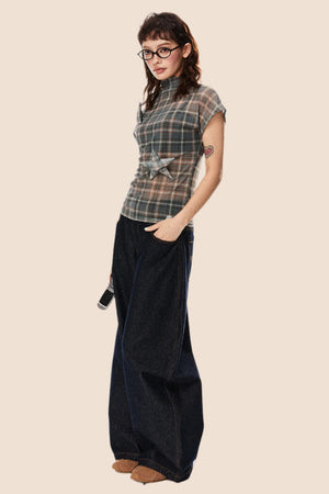Retro Star Patch Plaid Mesh Top