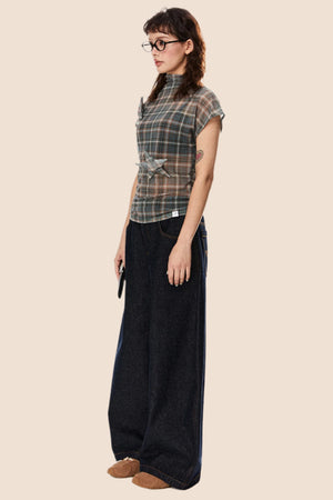Retro Star Patch Plaid Mesh Top