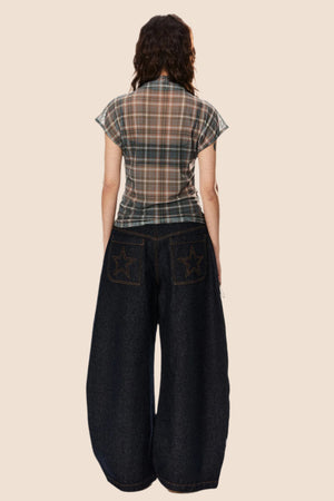 Retro Star Patch Plaid Mesh Top