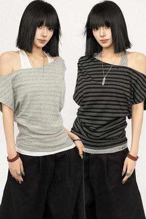 Retro Striped Halter Off-Shoulder Top