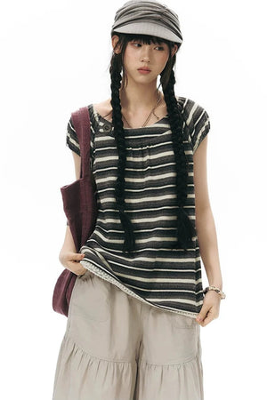 Retro Striped Lace Knit Top
