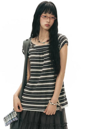 Retro Striped Lace Knit Top