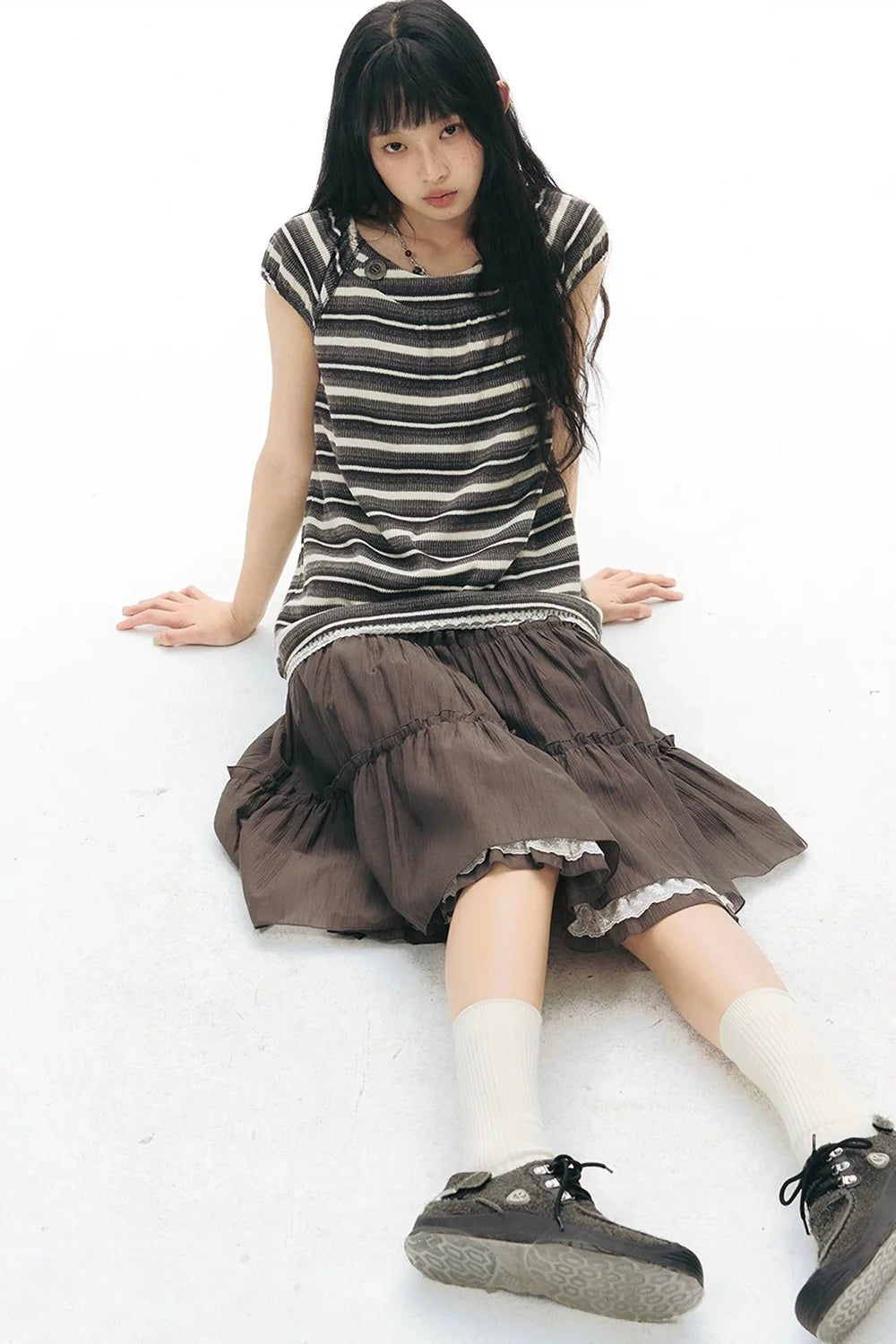 Retro Striped Lace Knit Top